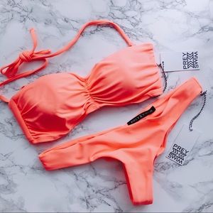 Prey Swim Bikini Set In Coral Bandeau Brazilian